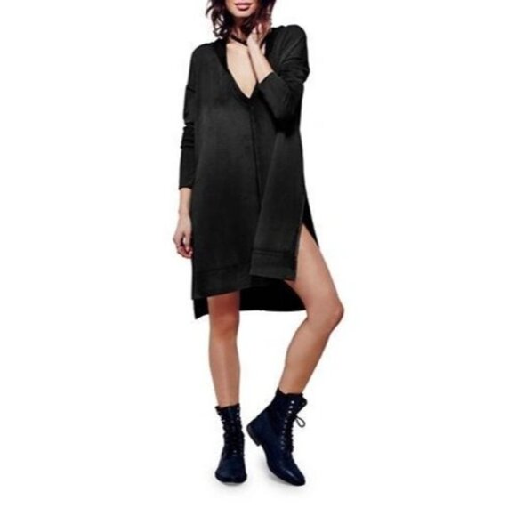 RARE Free People Green Casual Boho Oversized Plunging V-Neck Hooded Tunic Top - Picture 15 of 16